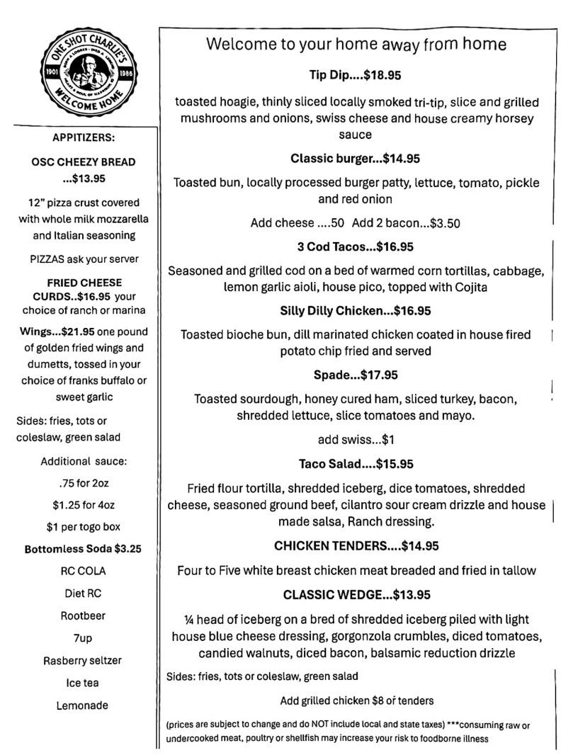One Shot Charlie's printed menu